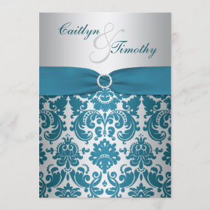 DRUCKTE RIBBON Silber, Aquamarin Damask Wedite Ein Einladung