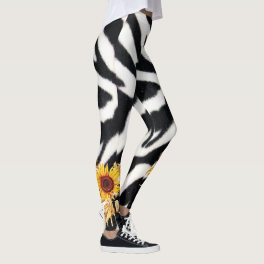 DRUCKTE SCHWARZ-WEISSE ZEBRA-HAUT MIT SONNENBLUMEN LEGGINGS (Rechts)