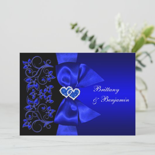 DRUCKTES RIBBON Blau, Schwarzer Floral Hochzeitsem Einladung (Stehend Vorderseite)