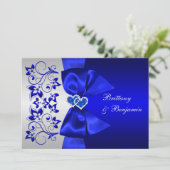 DRUCKTES RIBBON Blau, Silver Floral Wedite Einladung (Stehend Vorderseite)