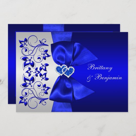 DRUCKTES RIBBON Blau, Silver Floral Wedite Einladung (Vorne/Hinten)