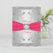 DRUCKTES RIBBON Hot Pink, Silber Wedding Einladung (Stehend Vorderseite)