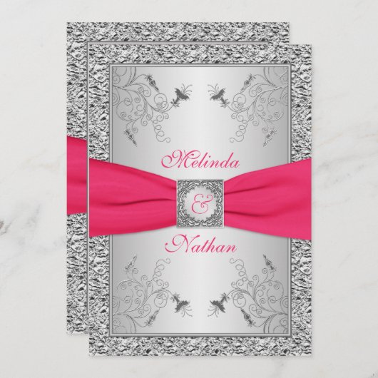 DRUCKTES RIBBON Hot Pink, Silber Wedding Einladung (Vorne/Hinten)