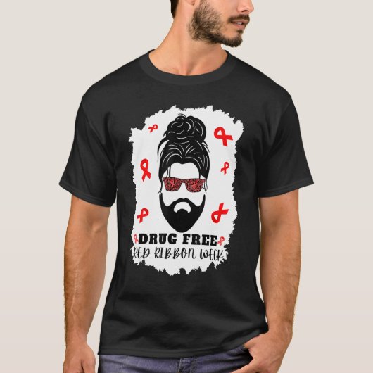 Drug Free Red Ribbon Week Messy Bun man with beard T-Shirt (Vorderseite)