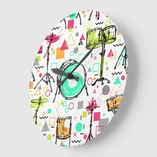 Drum Kit: Das Retro der Wasserfarben-Memphis. Große Wanduhr (Winkel)