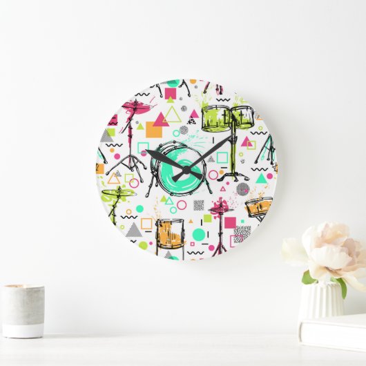 Drum Kit: Das Retro der Wasserfarben-Memphis. Große Wanduhr (Zuhause)
