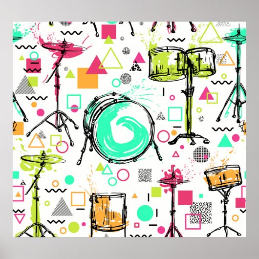 Drum Kit: Das Retro der Wasserfarben-Memphis. Poster (Vorne)