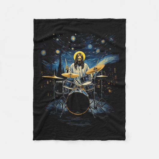 Drum Kit Percussionist Drummer Van Gogh Jesus Play Fleecedecke (Vorderseite)