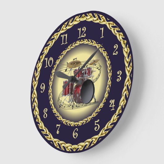 Drum Set 02 ~ Musical Scroll ~ Gold/Navy Blue ~ Große Wanduhr (Winkel)