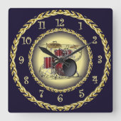 Drum Set 02 ~ Musical Scroll ~ Gold/Navy Blue ~ Quadratische Wanduhr (Vorderseite)