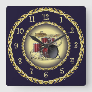 Drum Set 02 ~ Musical Scroll ~ Gold/Navy Blue ~ Quadratische Wanduhr