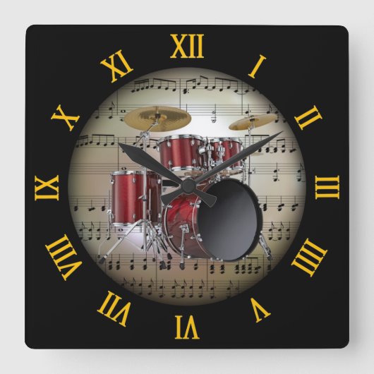 Drum Set ~ Background “The Musical Planet” * ~ Quadratische Wanduhr (Vorderseite)