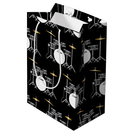 Drum Set Drummer Band Lehrer Musiker Mittlere Geschenktüte (Rückseite Schrägansicht)