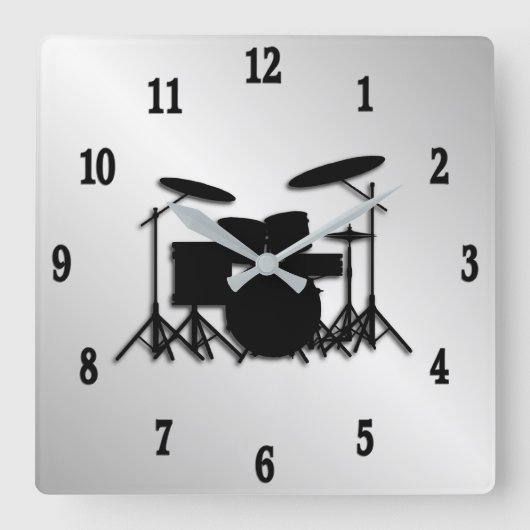 Drum Set Music Design Schwarze Zahlen Quadratische Wanduhr (Vorderseite)