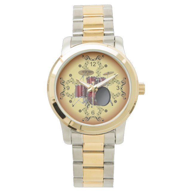 Drum Set ~ Musical Scroll ~ Goldener Hintergrund ~ Armbanduhr (Vorderseite)