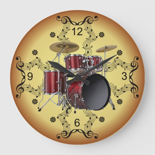 Drum Set ~ Musical Scroll ~ Goldener Hintergrund ~ Große Wanduhr (Vorderseite)