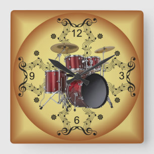 Drum Set ~ Musical Scroll ~ Goldener Hintergrund ~ Quadratische Wanduhr