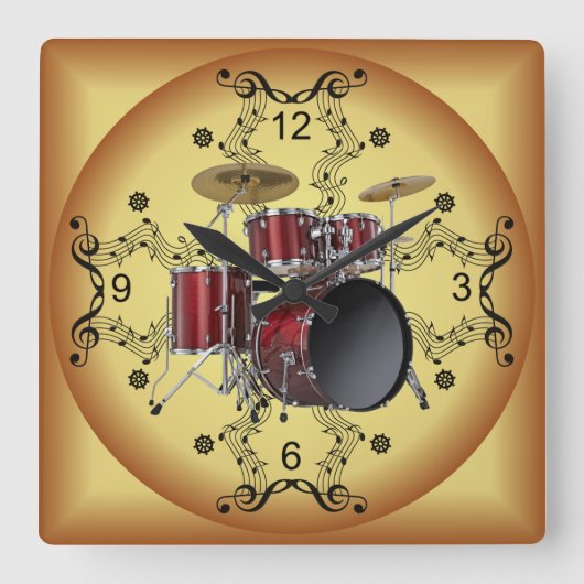Drum Set ~ Musical Scroll ~ Goldener Hintergrund ~ Quadratische Wanduhr (Vorderseite)
