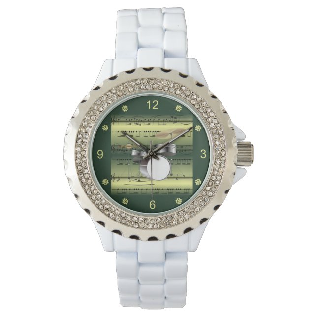 Drum Set~Rollsheet Music~Gold/Green Background Armbanduhr (Vorderseite)