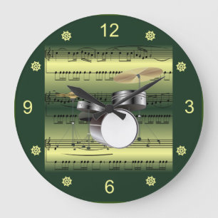 Drum Set~Rollsheet Music~Gold/Green Background  Große Wanduhr
