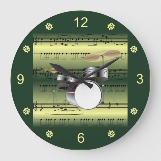 Drum Set~Rollsheet Music~Gold/Green Background Große Wanduhr (Vorderseite)