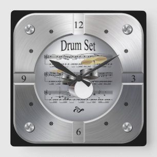 Drum Set ~ Sheet Music ~ Brushed Silver Color ~ Quadratische Wanduhr