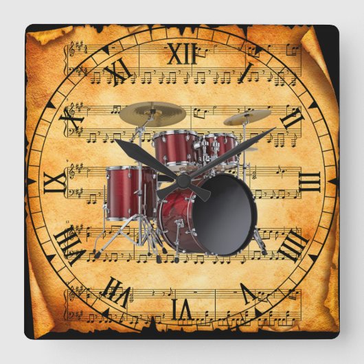 Drum Set - Vintage Sheet Music Background Quadratische Wanduhr (Vorderseite)