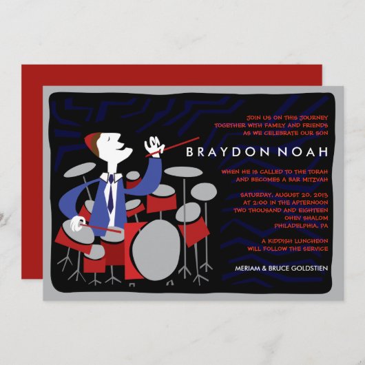 DRUMMER Bar Mitzvah Einladung (Vorne/Hinten)