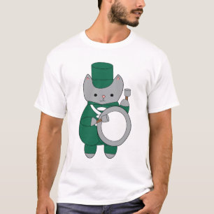 Drummer Cat Marching Band Green White Music T-Shirt