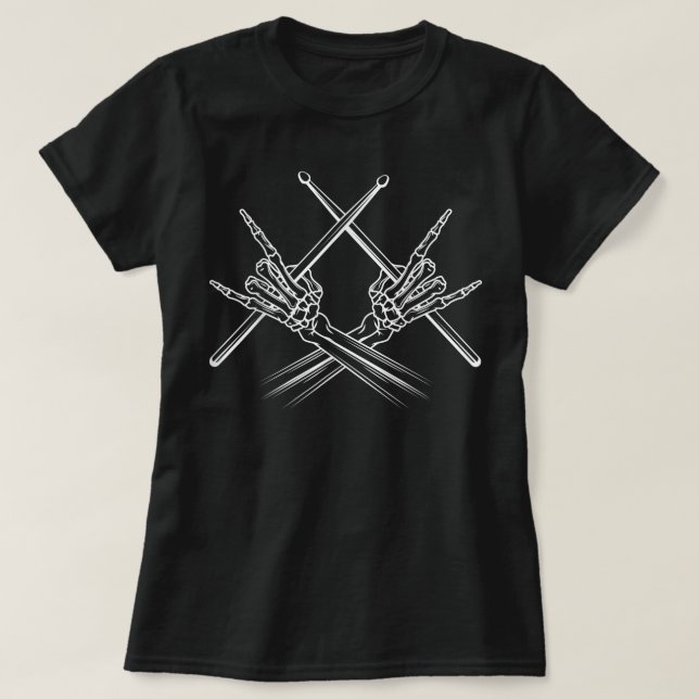Drummer Drum Sticks Rock ' Roll Skeleton Hand Horn T-Shirt (Design vorne)