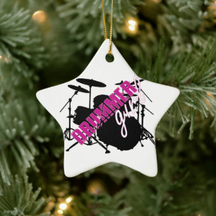 Drummer Girl mit Spaß Lila und Schwarz Grunge Text Keramik Ornament