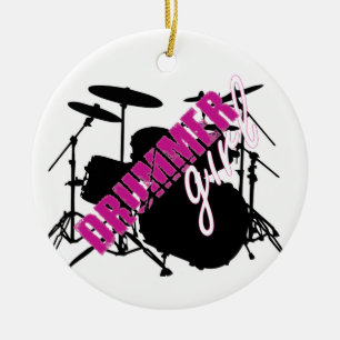 Drummer Girl mit Spaß Lila und Schwarz Grunge Text Keramik Ornament