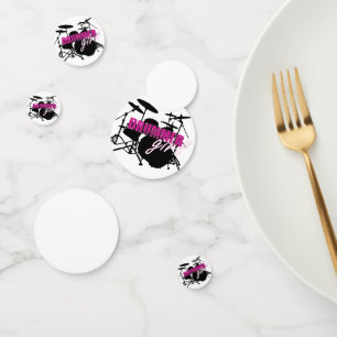 Drummer Girl mit Spaß Lila und Schwarz Grunge Text Konfetti