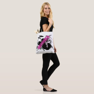 Drummer Girl mit Spaß Lila und Schwarz Grunge Text Tasche