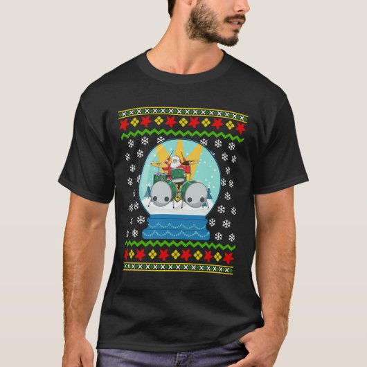 Drummer Santa Snow Globe Ugly Christmas Drums Perc T-Shirt (Vorderseite)