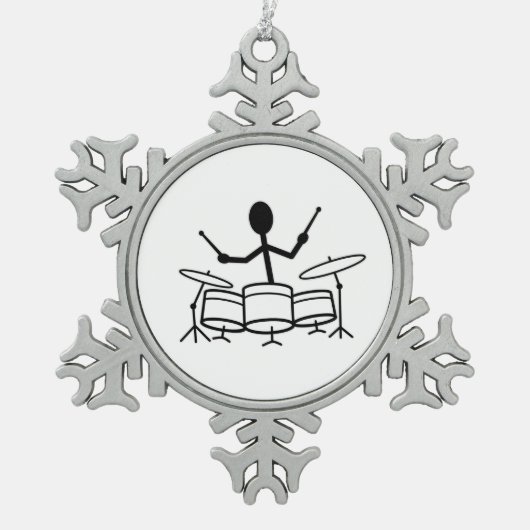 Drummer Strichmännchen Schneeflocken Zinn-Ornament (Vorderseite)