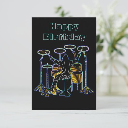 Drummer Typ spielt sein Drum Set Karte (Stehend Vorderseite)