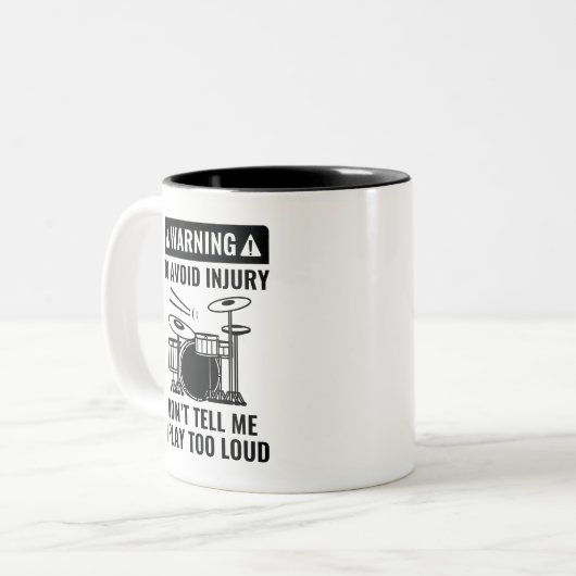 Drummer Warning Zweifarbige Tasse (Vorderseite Links)