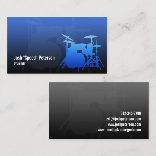 Drummer's Drum Kit Silhouette Blue Business Card Visitenkarte (Vorne/Hinten)