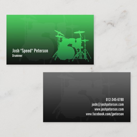 Drummer's Drum Kit Silhouette Green Business Card Visitenkarte (Vorne/Hinten)