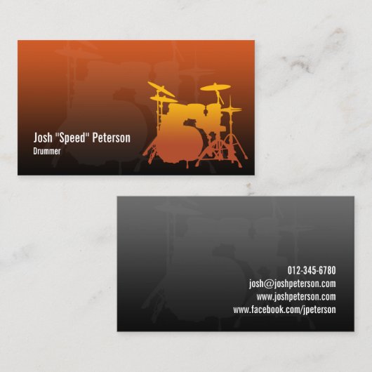 Drummer's Drum Kit Silhouette Orange Business Card Visitenkarte (Vorne/Hinten)