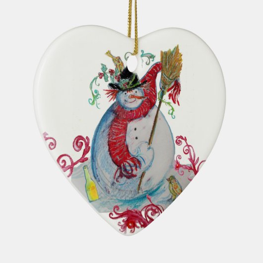 DRUNKEN SNOWMAN MIT VÖGELN Roten Schnörkeln Herz Keramik Ornament (Rechts)