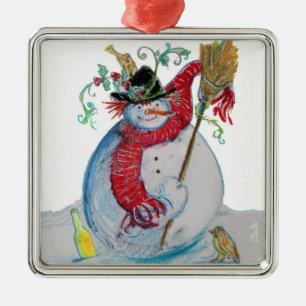 DRUNKEN SNOWMAN MIT VÖGELN WINTER FERIENPARTEI SILBERNES ORNAMENT