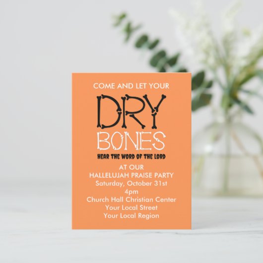DRY BONES Christliches Halloween-Party Einladung Postkarte (Stehend Vorderseite)