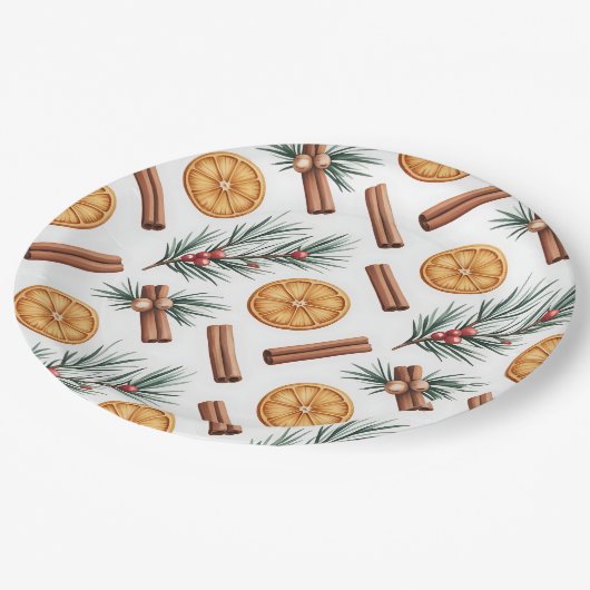 Dry Oranges Cinnamon Sticks Fir Branches Napkins Pappteller (Schrägansicht)