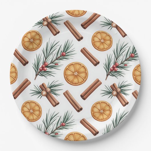 Dry Oranges Cinnamon Sticks Fir Branches Napkins Pappteller (Vorderseite)