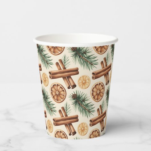 Dry Oranges Cinnamon Sticks Fir Branches Pappbecher (Rückseite)