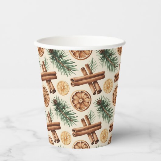 Dry Oranges Cinnamon Sticks Fir Branches Pappbecher (Vorderseite)
