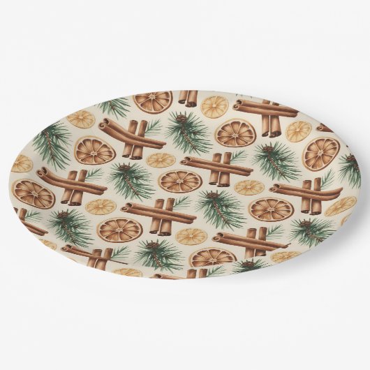 Dry Oranges Cinnamon Sticks Fir Branches Pappteller (Schrägansicht)