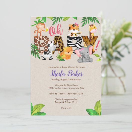Dschungel-Babyparty-Einladung - Mädchen-Babyparty Einladung (Stehend Vorderseite)
